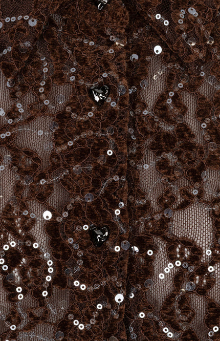 Blouse Short Velvet Lace Sequins Coffee W26.14706