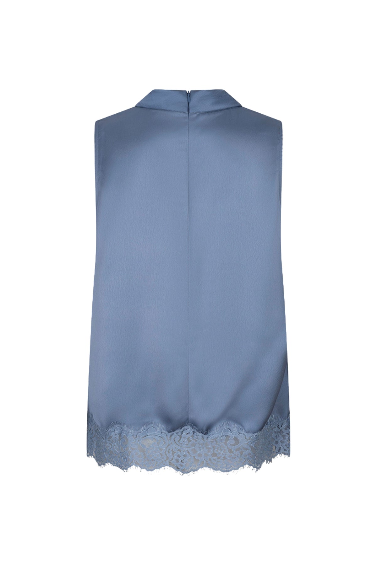 Donkerblauwe satijnen top met kantdetails van EsQualo, elegant en stijlvol voor speciale gelegenheden.