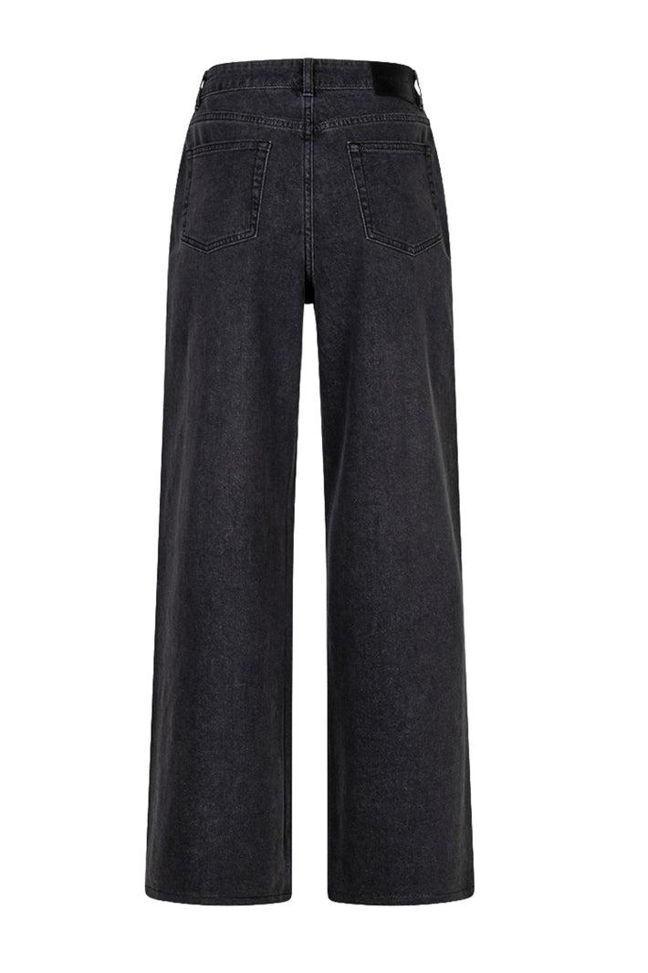 Zwarte wide jeans van denim met rhinestones van EsQualo, W26, getoond op model met recht vallende pasvorm