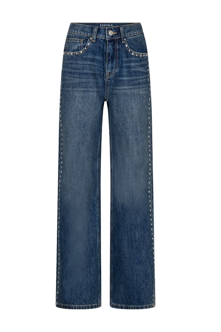 Donkere blauwe wide jeans van denim met rhinestones en pasvorm, van het merk EsQualo, W26.12706.