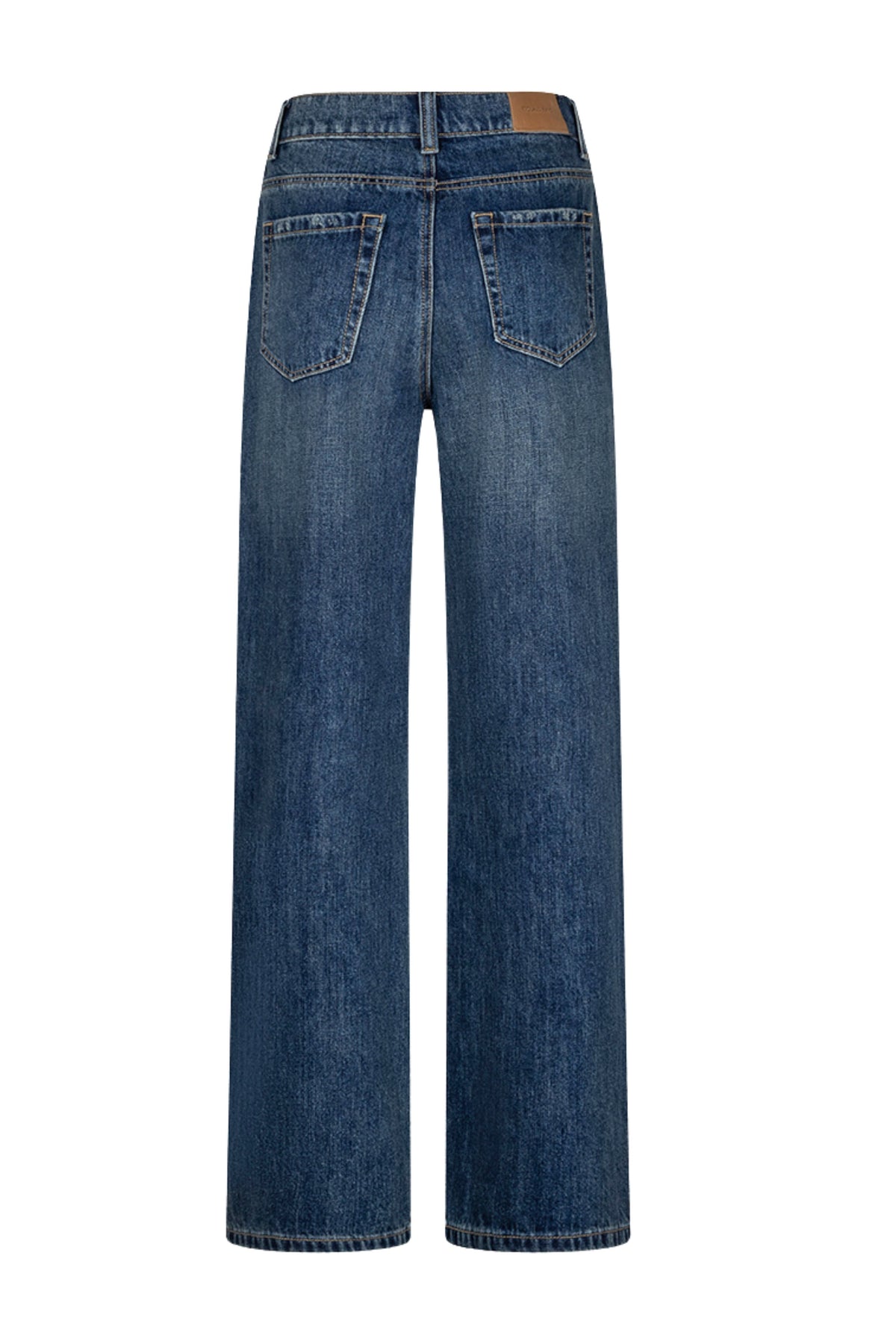 Donkere blauwe wijde jeans van EsQualo met rhinestones, denim materiaal en pasvorm W26.12706, zichtbaar in de afbeelding.
