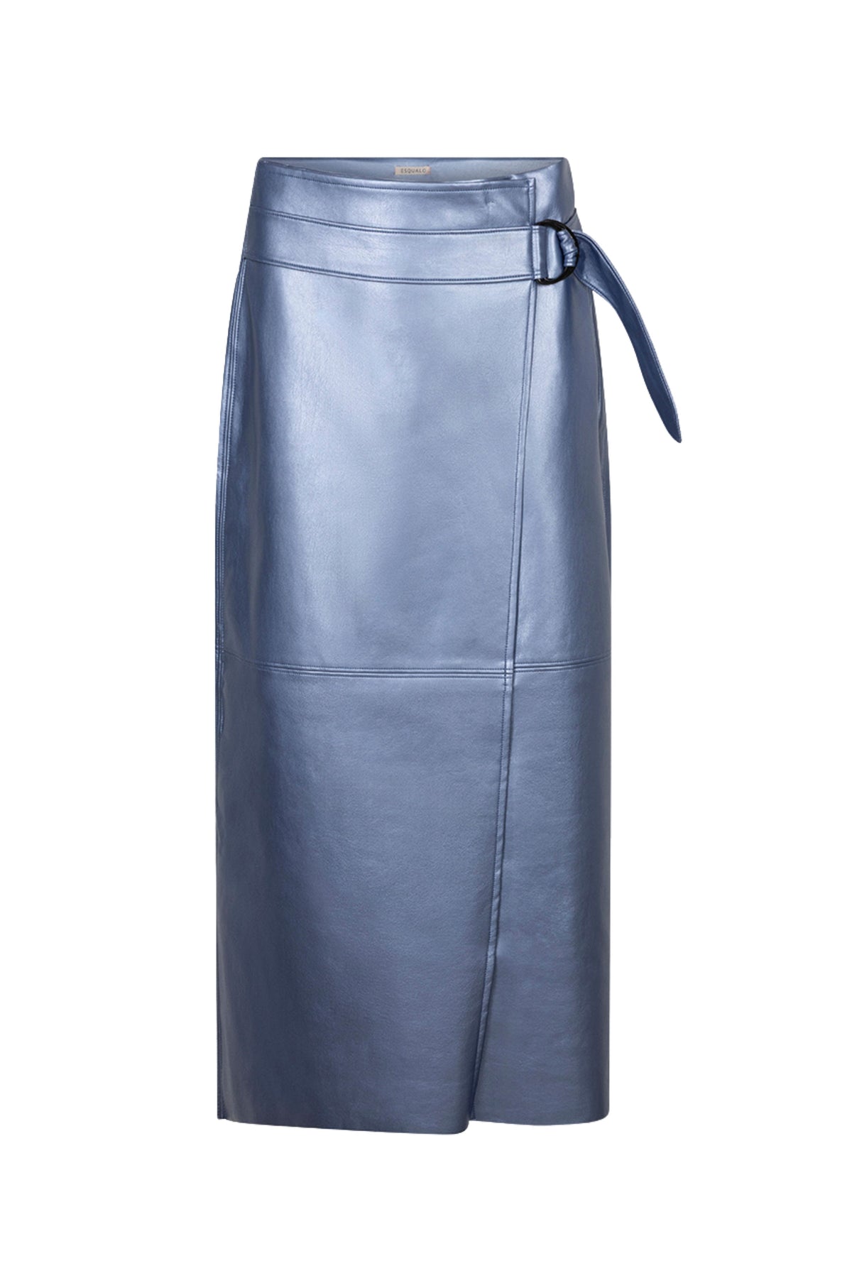 Donkere blauwe lange overlap rok van kunstleer door EsQualo, model Monique, maat W26.11704, op een witte achtergrond.