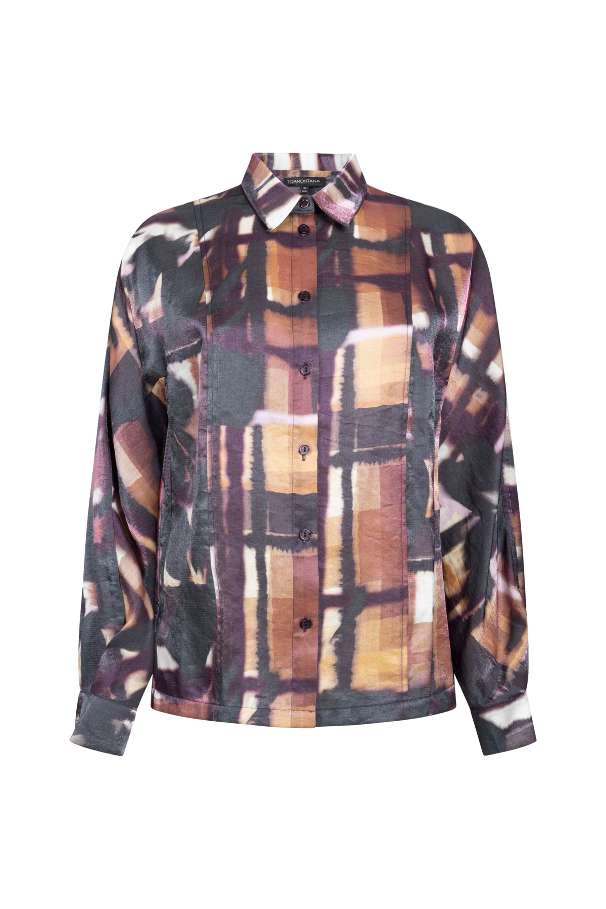 Zwarte blouse van Tramontana met bloemen- en ruitprint, modieus en comfortabel, gedragen door een model.