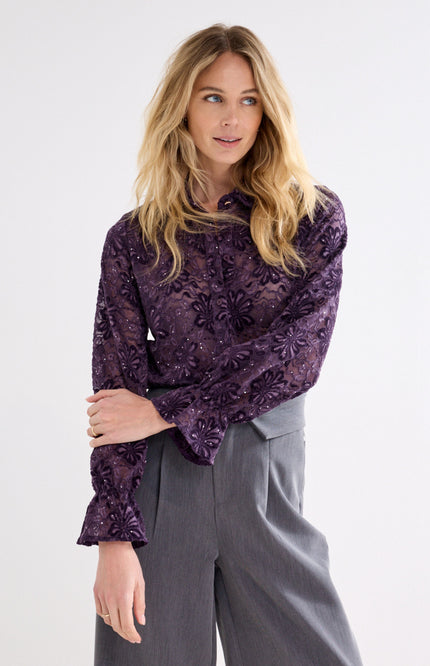 Blouse Velvet Lace Aubergine Noir C50-22-301