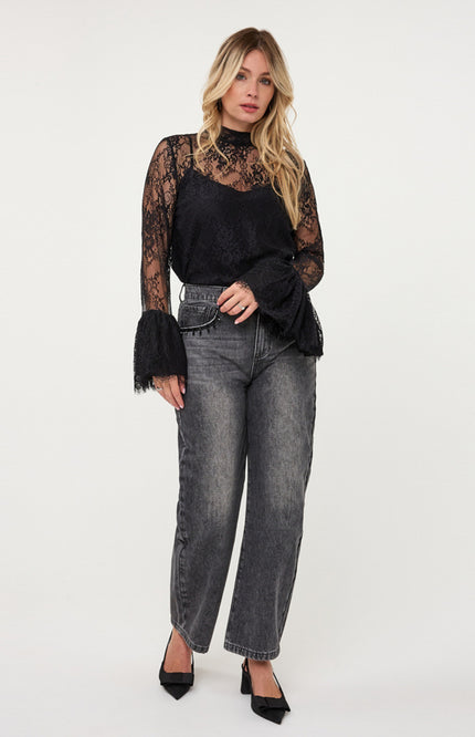 Blouse Trumpet Sleeve Lace Black W26.28708