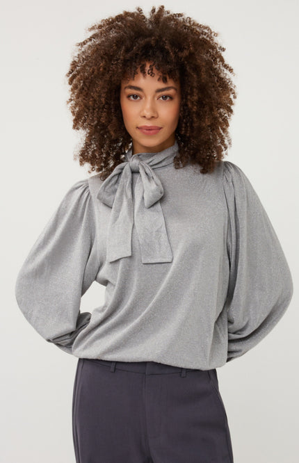 Blouse Bow Wide Sleeve Lurex Stretch Silver W26.28704