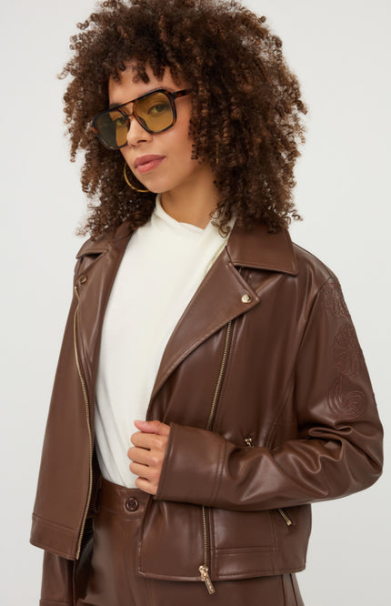 Jacket Biker Embroidery PU Coffee W26.11700
