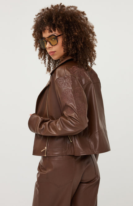 Jacket Biker Embroidery PU Coffee W26.11700