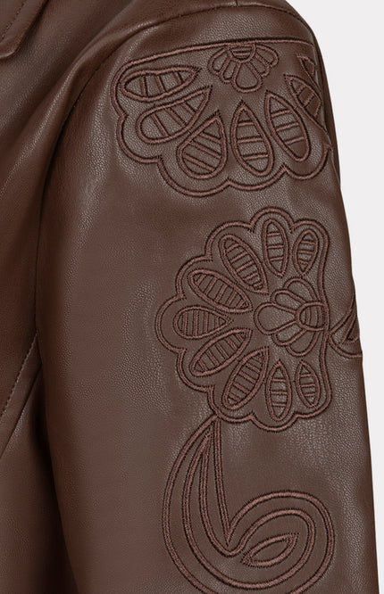Jacket Biker Embroidery PU Coffee W26.11700