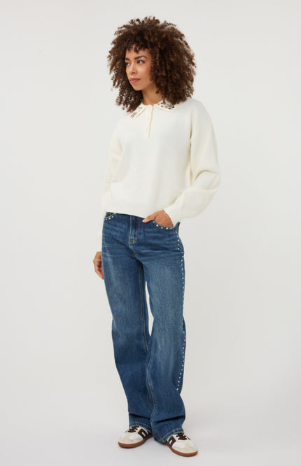 Jeans Wide Rhinestones Denim Dark Jeans Blue W26.12706