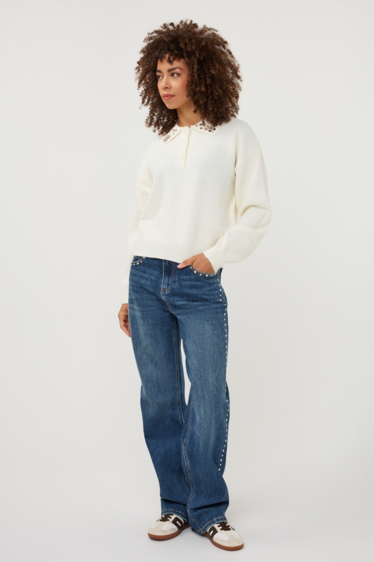 Donkere blauwe wide fit jeans van EsQualo met rhinestones, denim materiaal en W26, model MONIQUE.