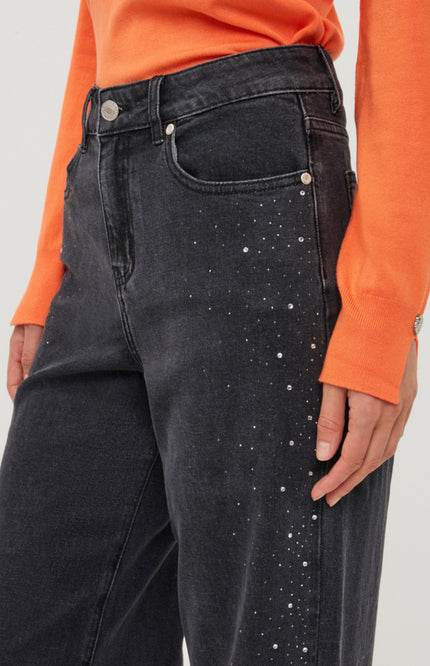 Jeans Wide Rhinestones Denim Black W26.12708