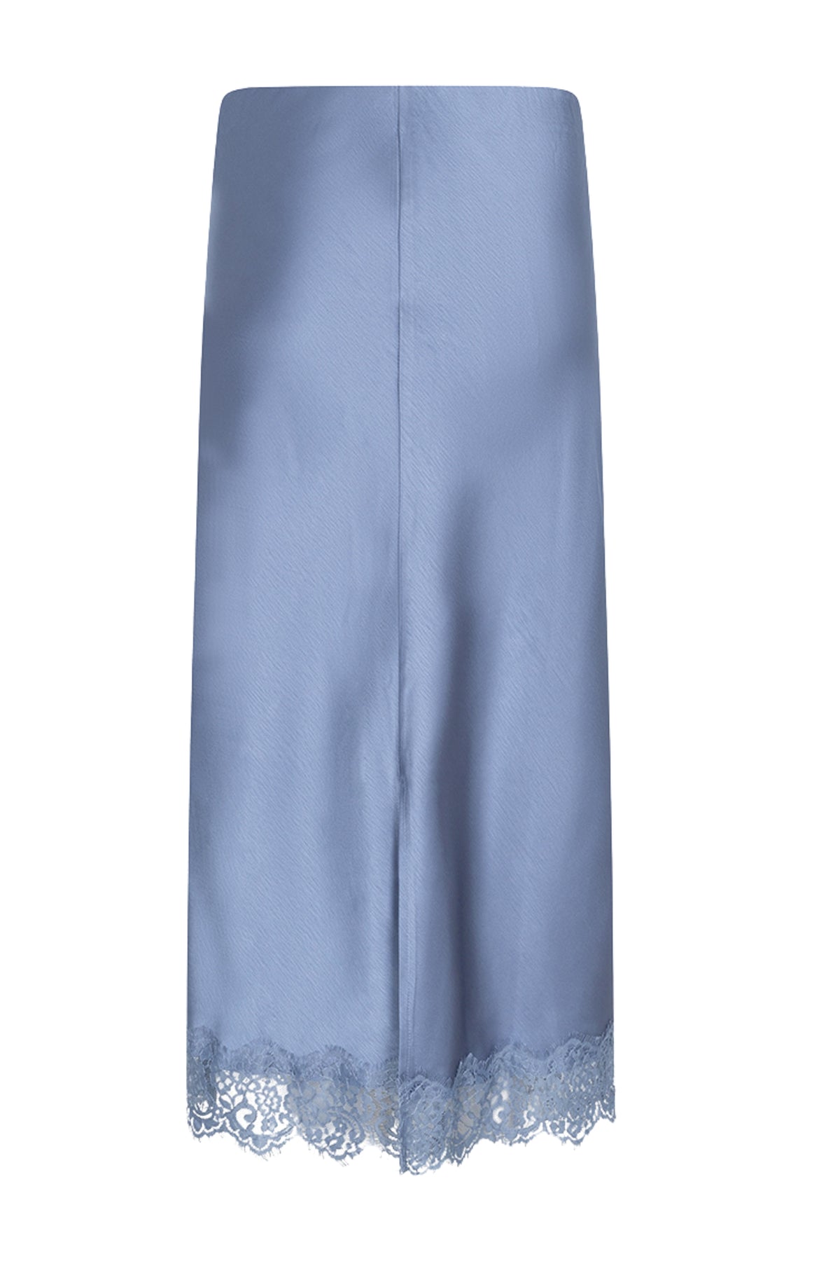 Donkerblauwe satijnen kanten rok van EsQualo, model Monique, met elegante pasvorm en fijne details, zichtbaar in de afbeelding.