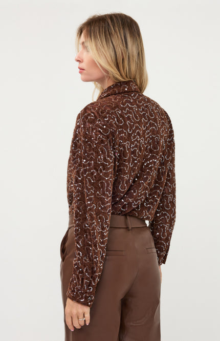 Blouse Short Velvet Lace Sequins Coffee W26.14706