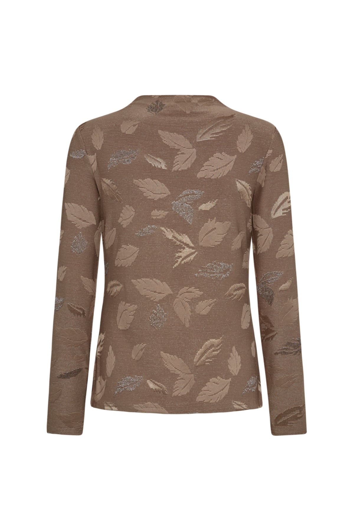 Taupe top van Freequent, model Fqisko Desert 212074, met een casual pasvorm en ronde hals, gedragen door een model.