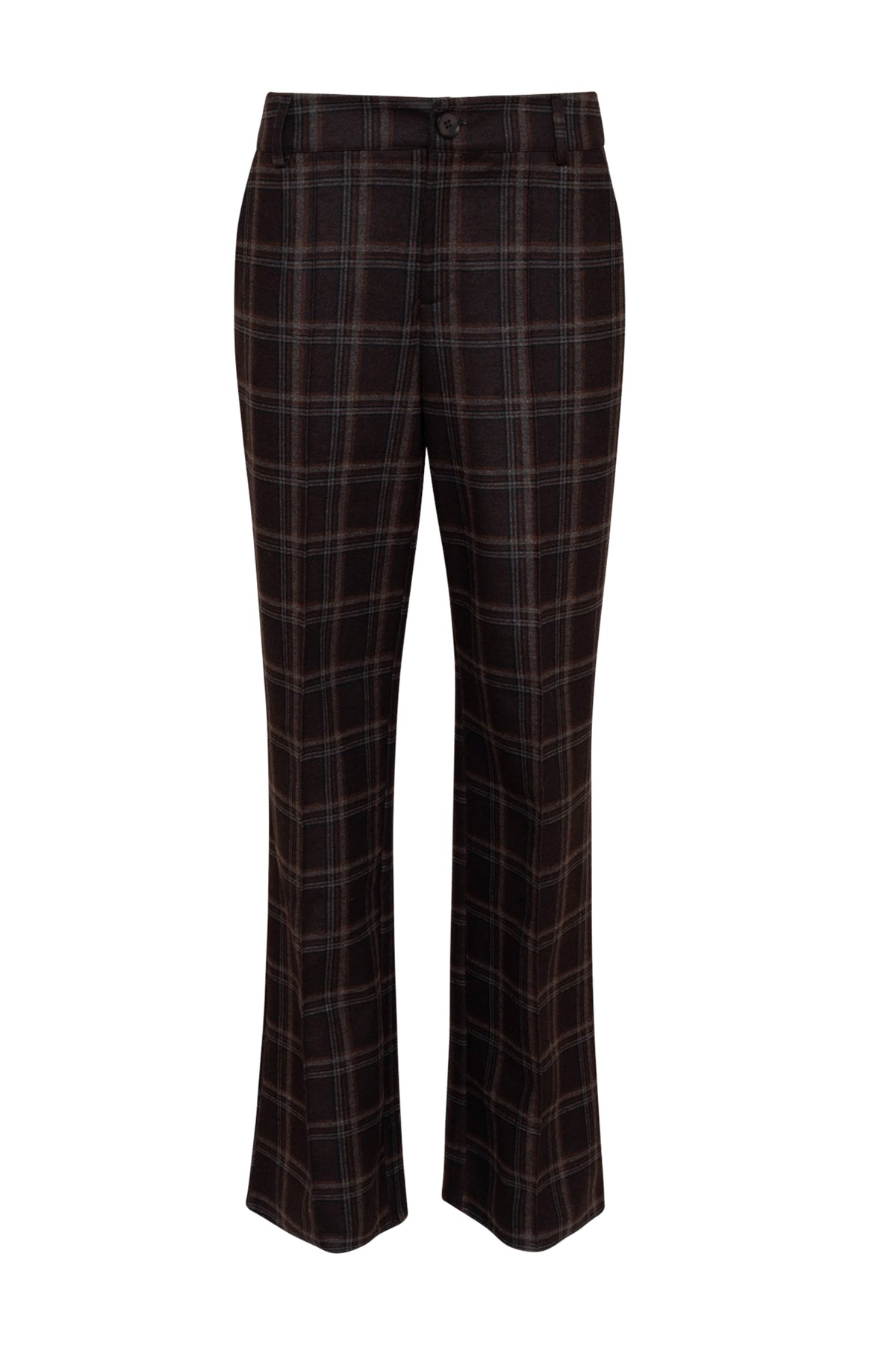 Bruine broek met ruitpatroon van Maicazz & Zizo, Calla Brown Check, gedragen door een model op de foto.