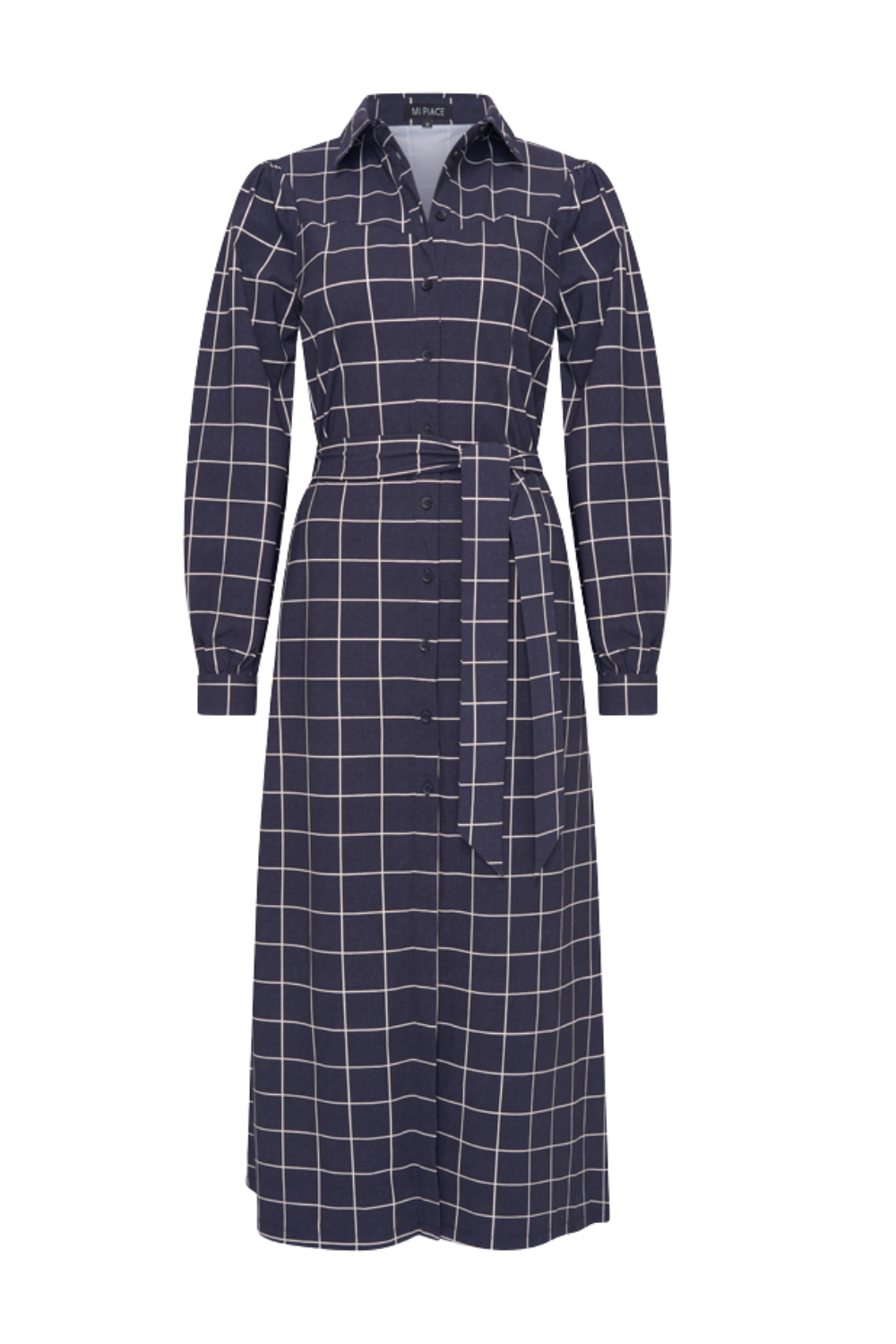 Mi Piace travel jurk met puffmouwen en ruitprint in navy, casual en stijlvol voor reizen en dagelijks gebruik.