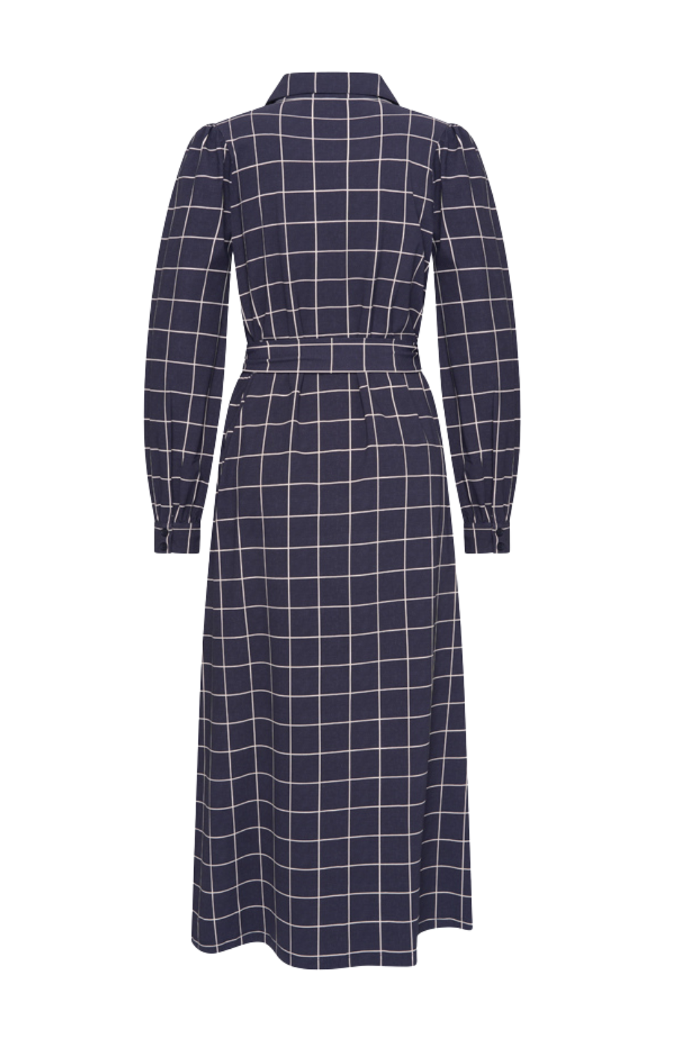 Mi Piace travel jurk met puffmouwen en ruitprint in navy, elegant en comfortabel voor reizen en zomerse dagen.