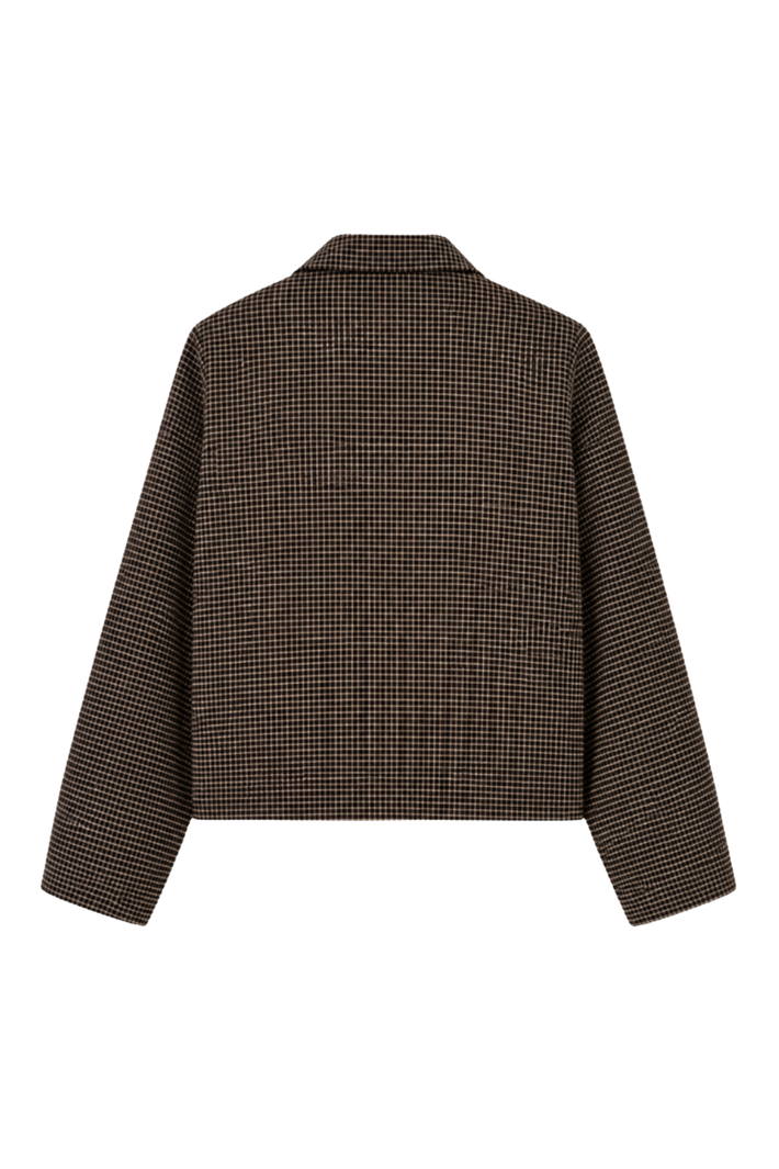 Donkerbruine checks jas Kaylee van Elvira Casuals met kraag en knopen, gedragen door een model.