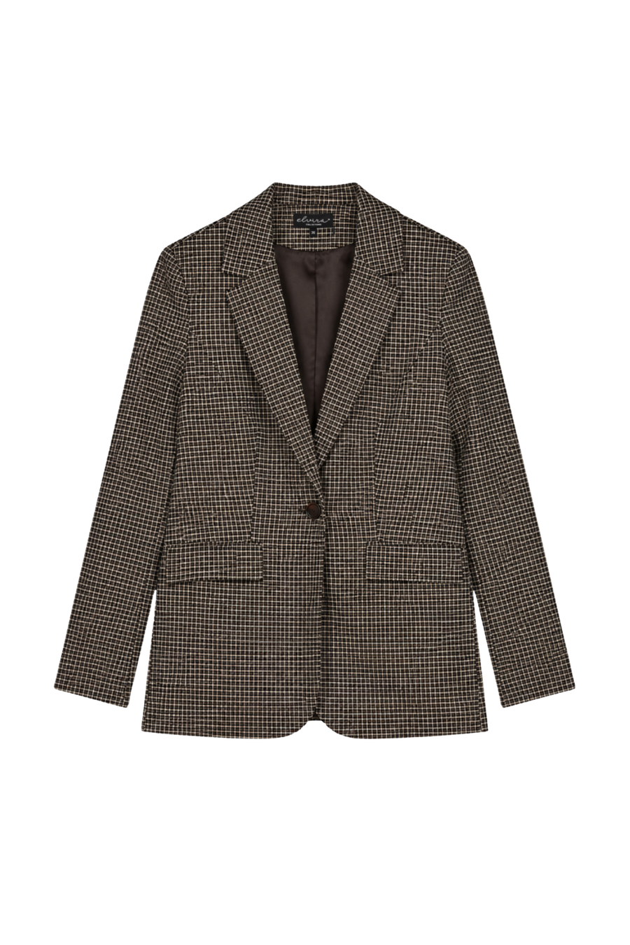 Donkerbruine geruite blazer Kaylee van Elvira Casuals, getailleerd model met knopen en reverskraag, geschikt voor zakelijke en casual gelegenheden.