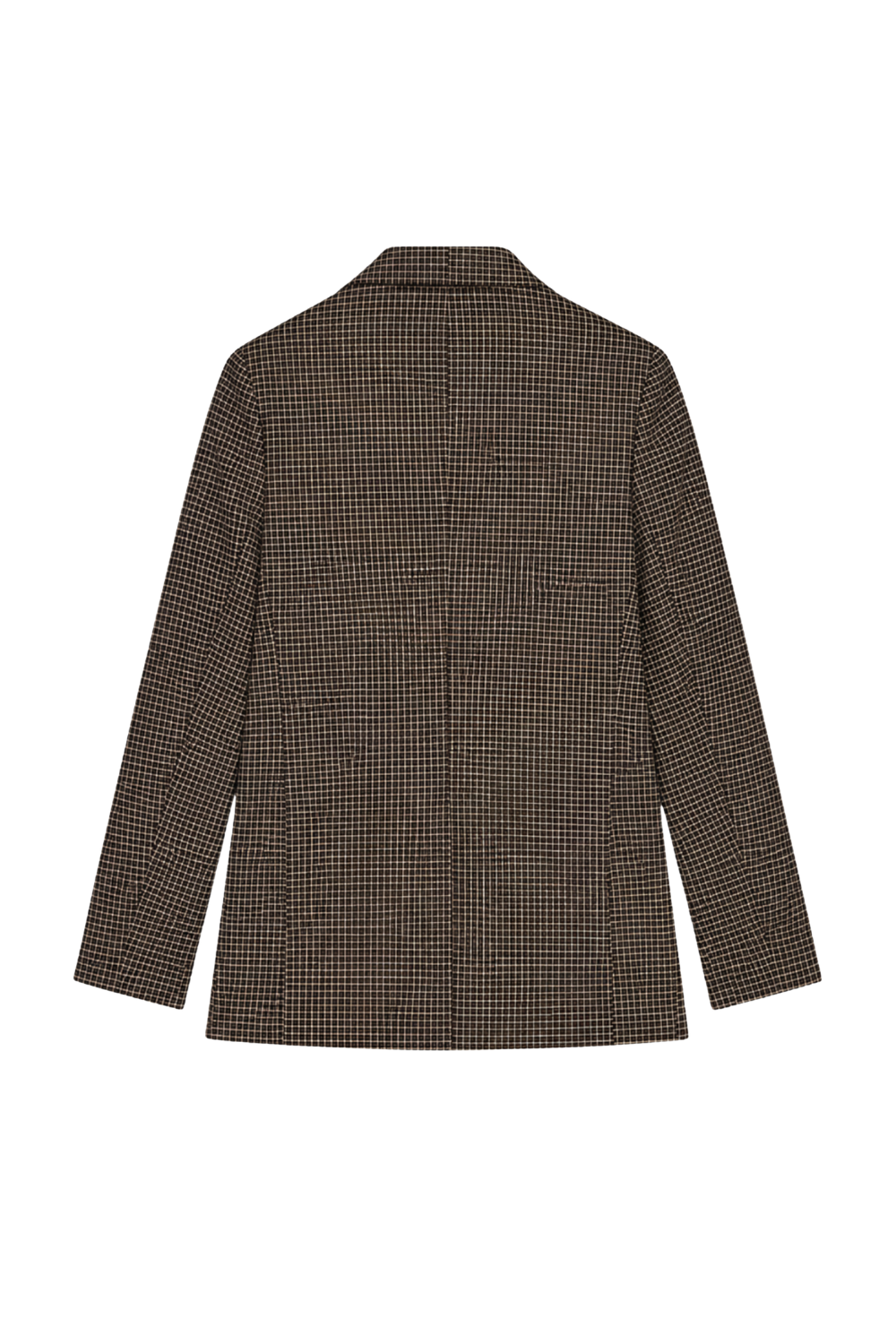 Donkerbruine check blazer Kaylee van Elvira Casuals, getailleerd met knopen en revers, gedragen door een model.
