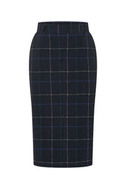 Dames zware reisrok met Herringbone print in donkerblauw en petrol, van Mi Piace, getoond op een model.