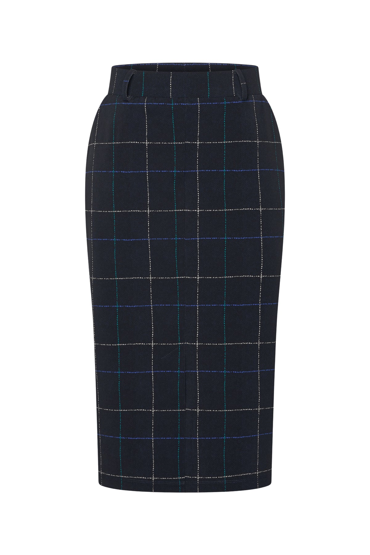 Dames zware reisrok met Herringbone print in donkerblauw en petrol, van Mi Piace, getoond op een model.