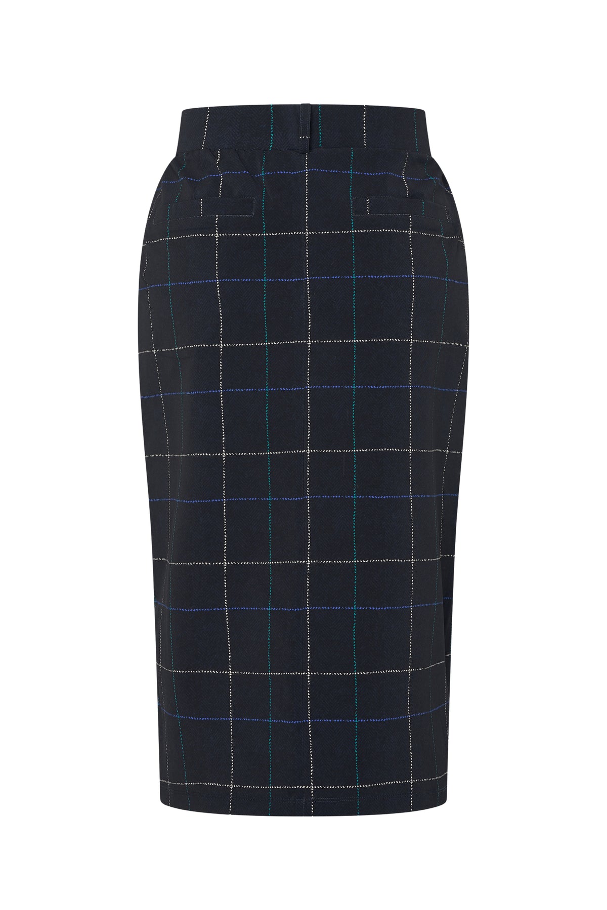 Donkere blauwe en petrol Herringbone travel rok van Mi Piace, getailleerd met stijlvolle print en comfortabele pasvorm.