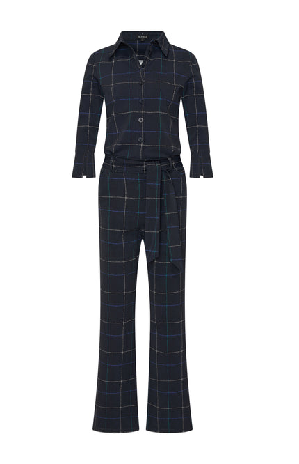 Heavy Travel Jumpsuit Herringbone Print Dark Blue Petrol 202154A