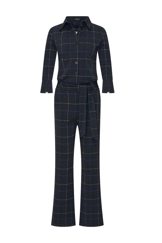 Heavy Travel Jumpsuit Herringbone Print Dark Blue Petrol 202154A