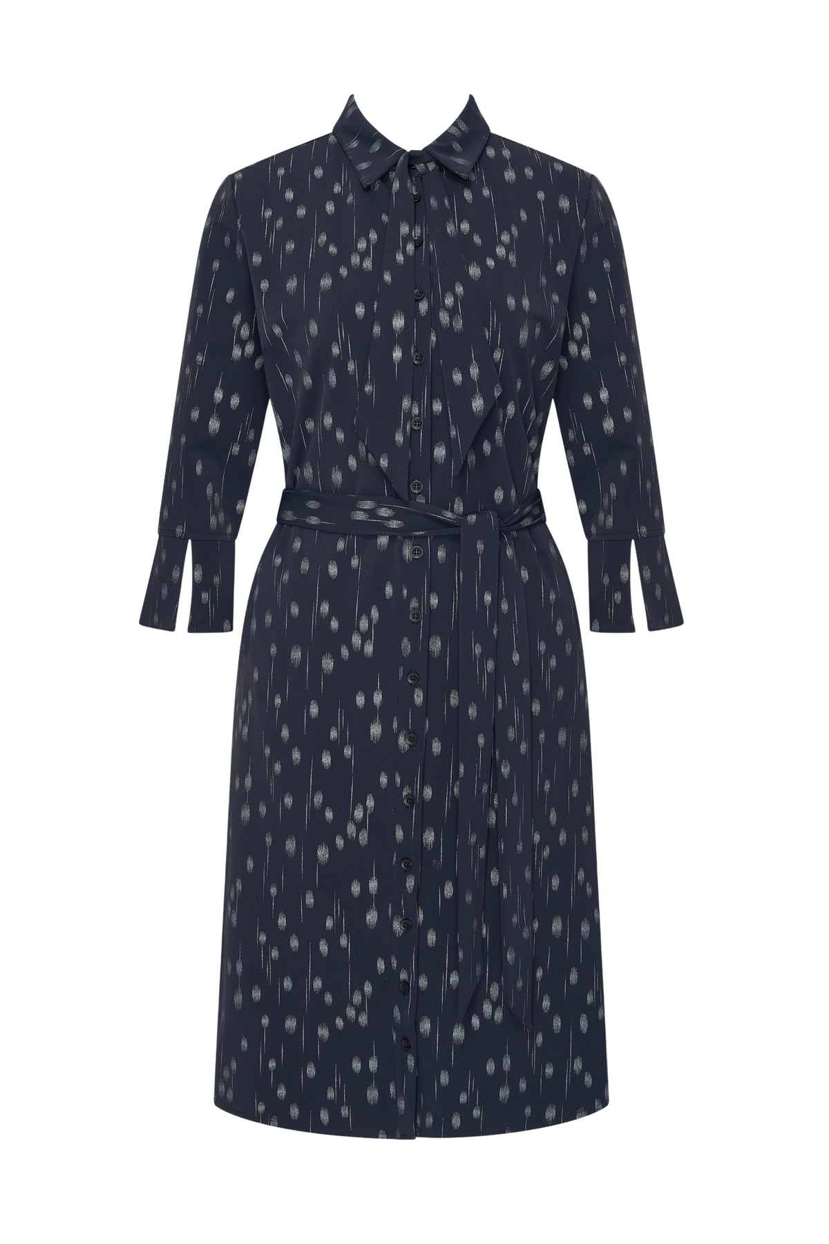 Zwarte travel jurk met stippen en folieprint van Mi Piace, comfortabele navy blauwe jurk voor reizen en casual gelegenheden.