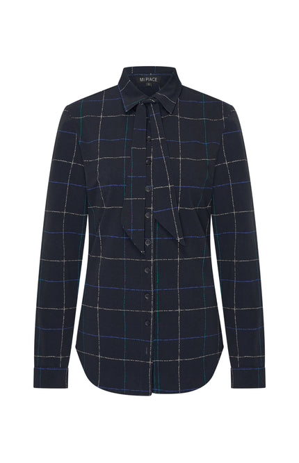 Travel Blouse Bow Herringbone Print Dark Blue Petrol 202709