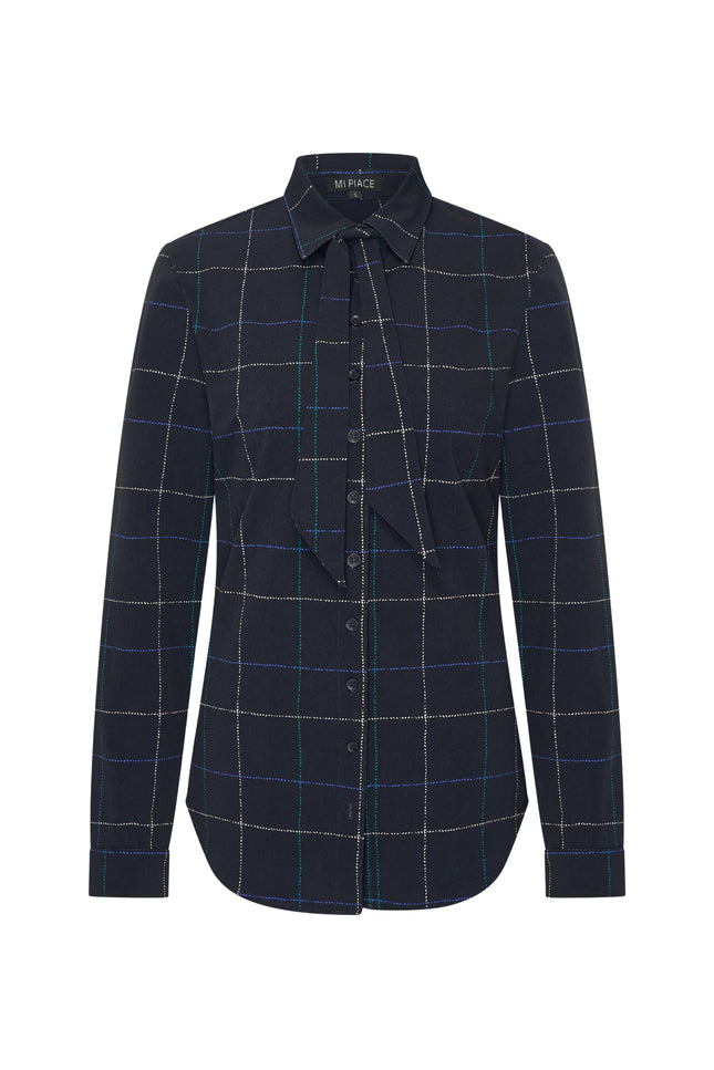 Travel Blouse Bow Herringbone Print Dark Blue Petrol 202709