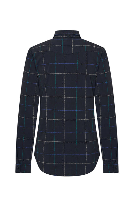 Travel Blouse Bow Herringbone Print Dark Blue Petrol 202709