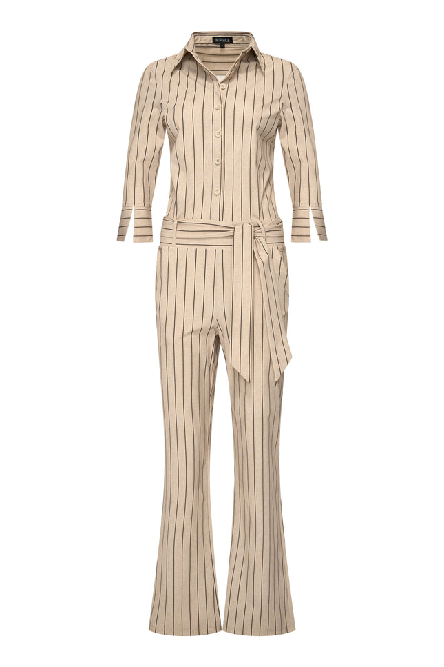 Mi Piace Heavy Travel Jumpsuit Classic Stripe Print Latte 202154A Stretchshop.nl