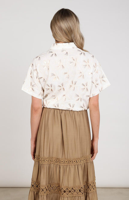 Nukus Blouse Britt Embroidery Offwhite Gold NKS02207 Stretchshop.nl