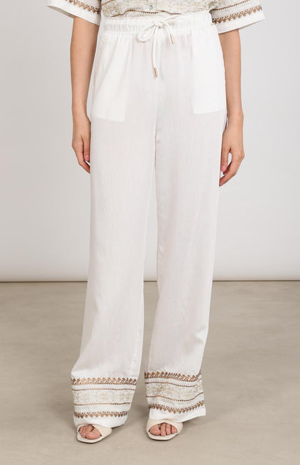 Nukus Broek Valerie Embroidery Offwhite Camel NKS09049 Stretchshop.nl