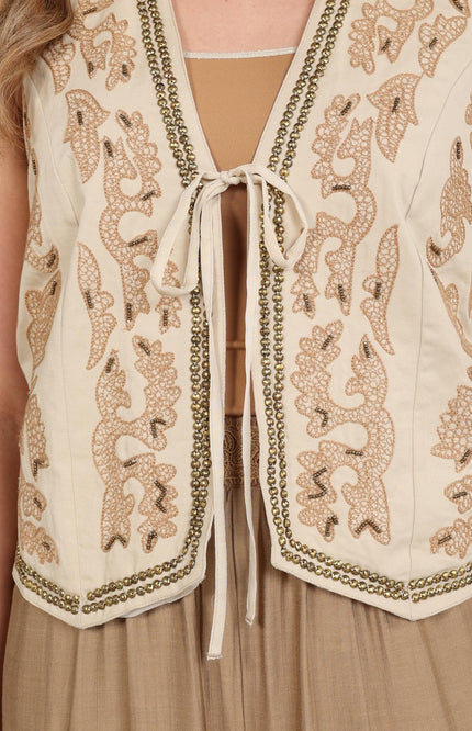 Nukus Gilet Momo Embroidery Sand NKS08027 Stretchshop.nl