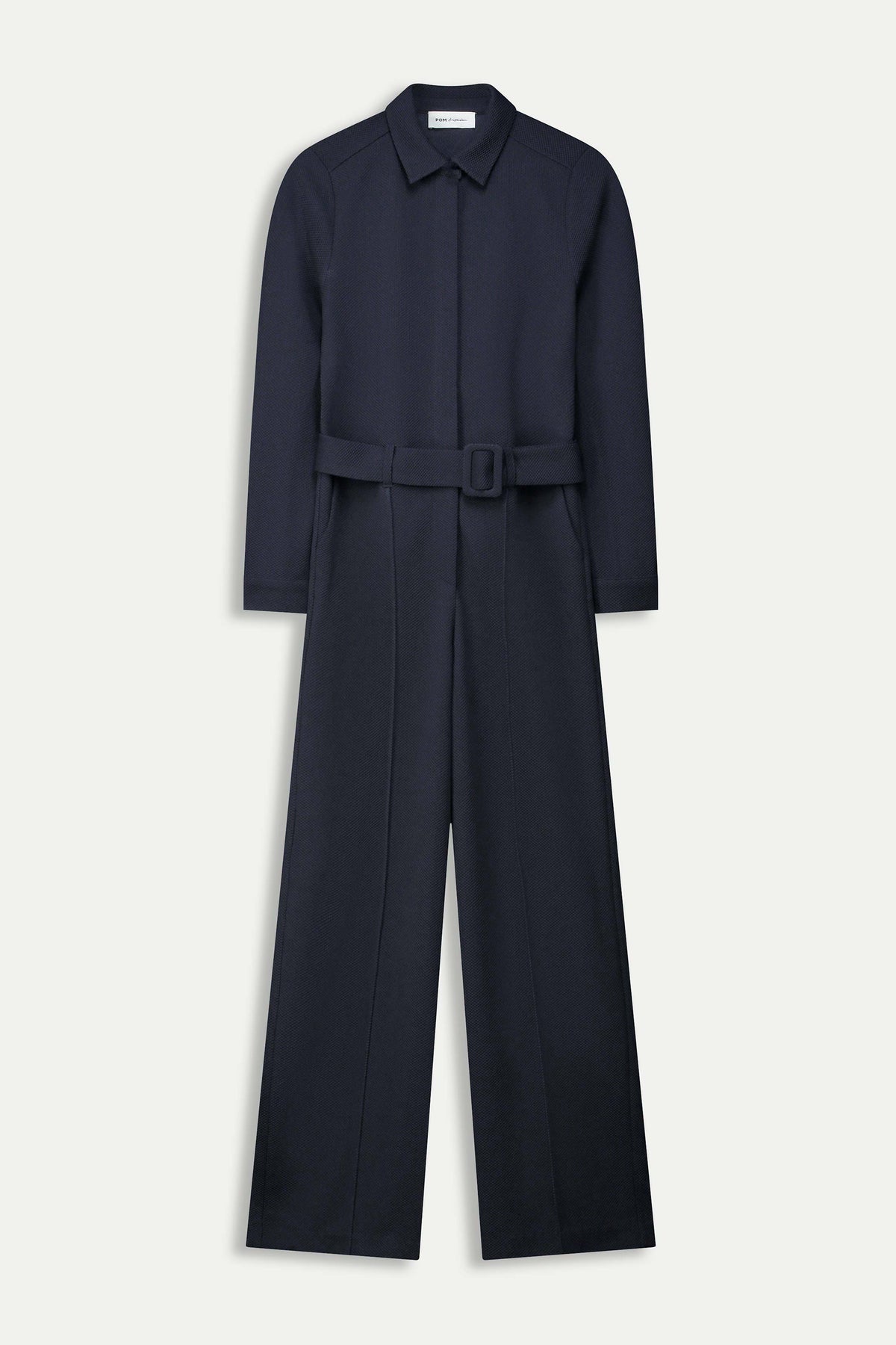 POM Amsterdam Megan jumpsuit in Eternal Blue, met wijde pijpen en knoopsluiting, gedragen door een model op de foto