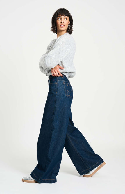POM Amsterdam Jeans Baggy Wideleg Dark Blue SP9439 Stretchshop.nl