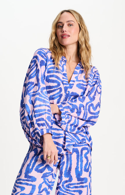 POM Amsterdam Blouse Waves Pink Linen Multi Colour SP9549 Stretchshop.nl