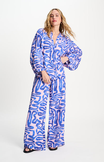 POM Amsterdam Broek Waves Pink Linen Multi Colour SP9563 Stretchshop.nl