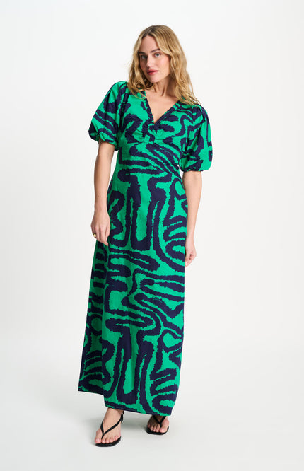 POM Amsterdam Jurk Poplin Waves Green Multi Colour SP9552 Stretchshop.nl