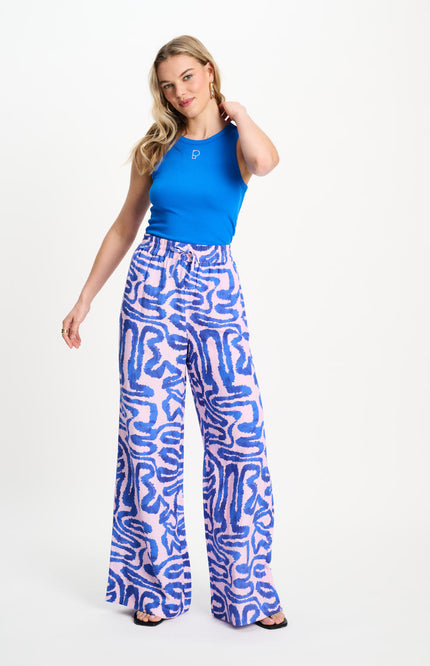 POM Amsterdam Broek Waves Pink Linen Multi Colour SP9563 Stretchshop.nl