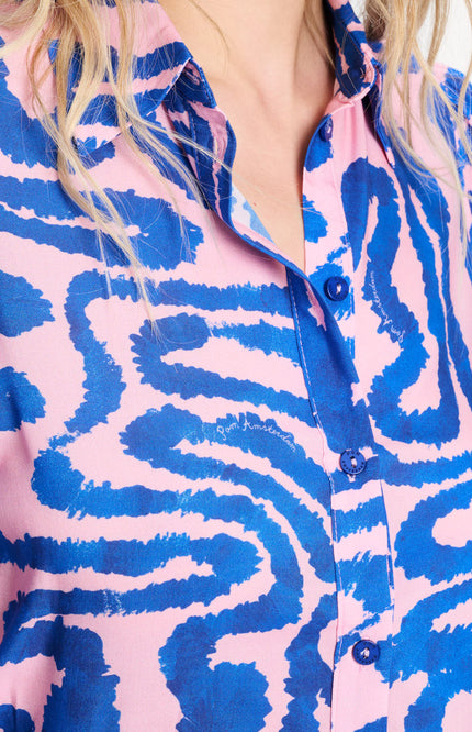 POM Amsterdam Blouse Waves Pink Linen Multi Colour SP9549 Stretchshop.nl