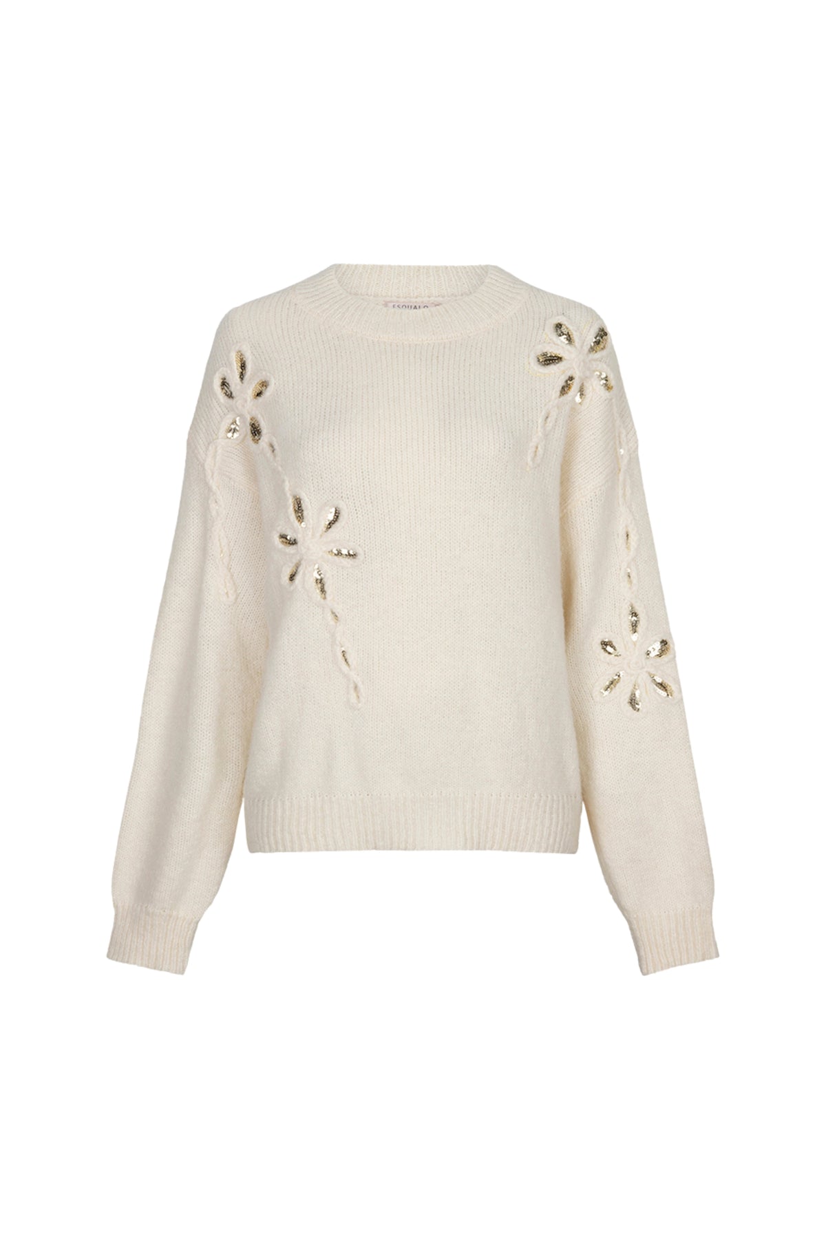 EsQualo sweater met sequin bloem in vanillekleur, zachte stof en stijlvolle uitstraling, zichtbaar in de afbeelding.