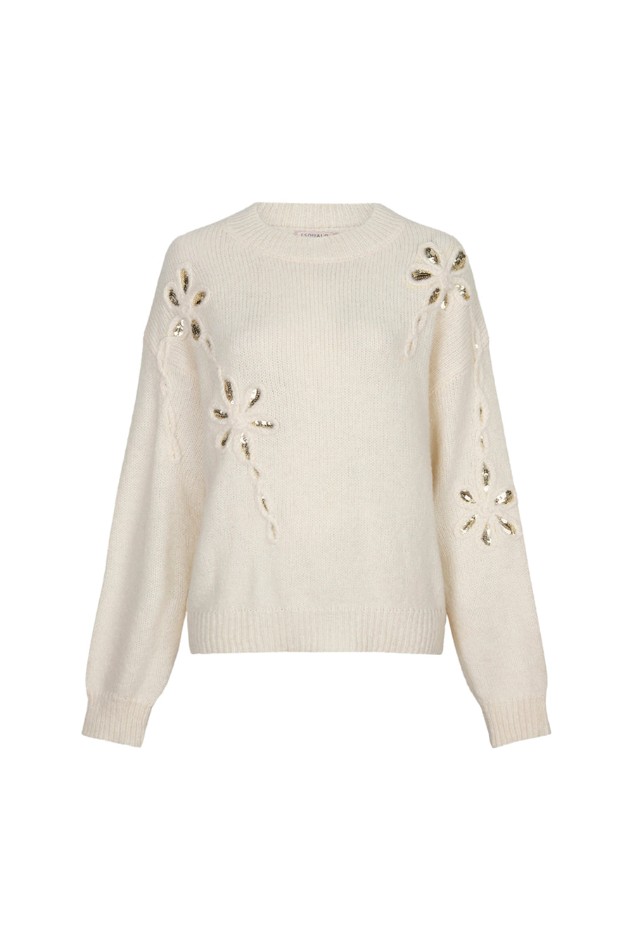 EsQualo sweater met sequin bloem in vanillekleur, zachte stof en stijlvolle uitstraling, zichtbaar in de afbeelding.