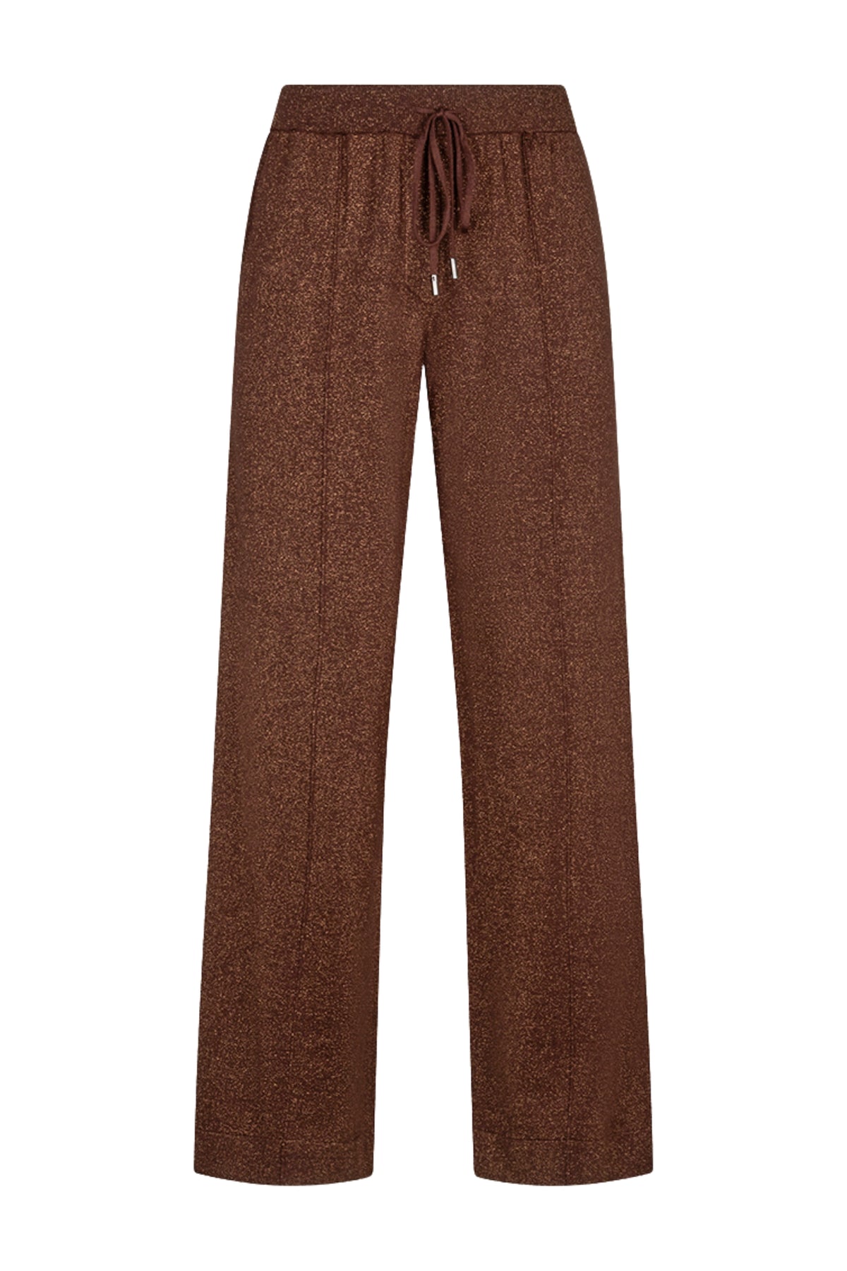 Lurex broek in coffee kleur van EsQualo, wijdvallend model met elastische taille en glanzende stof, geschikt voor casual en feest.