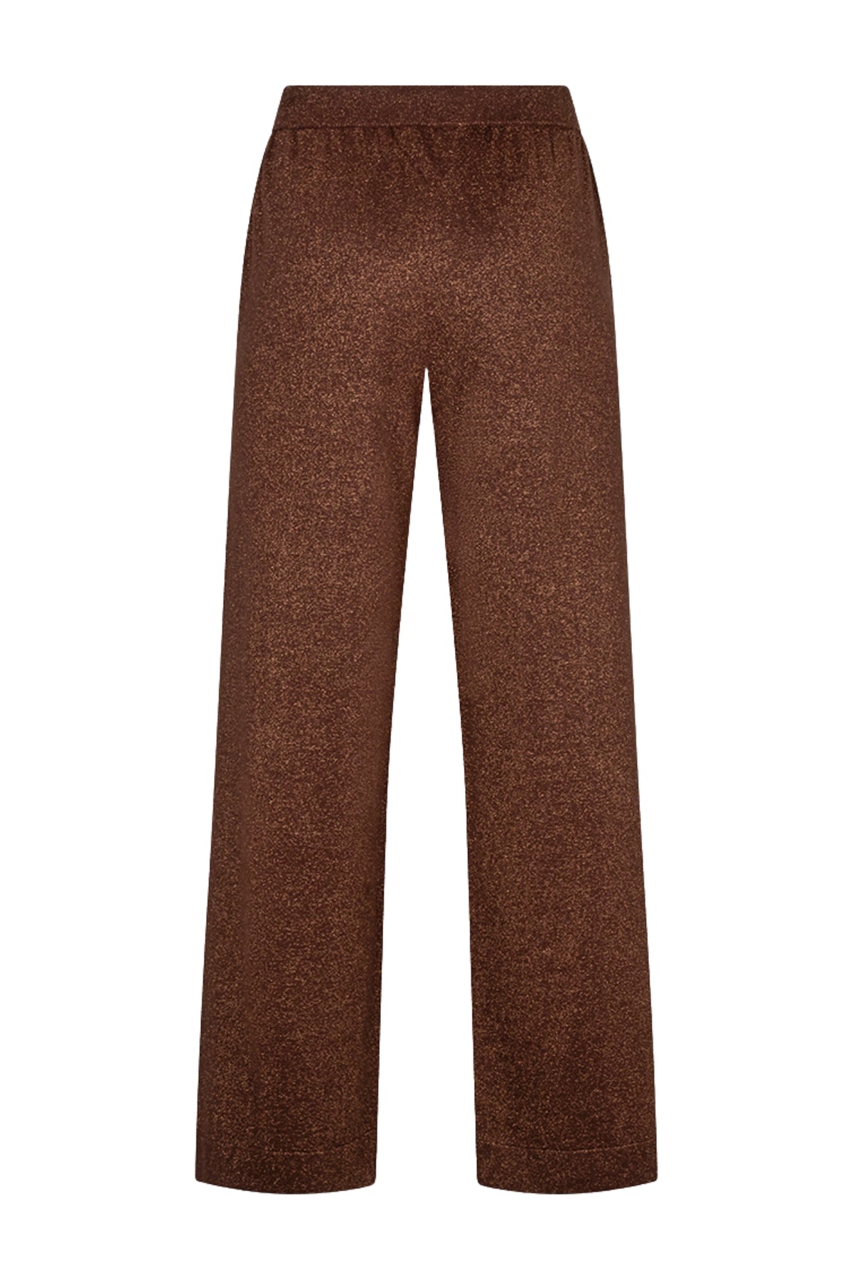 Lurex broek in coffee kleur van EsQualo, met glanzende stof en comfortabele pasvorm, zichtbaar in de afbeelding.
