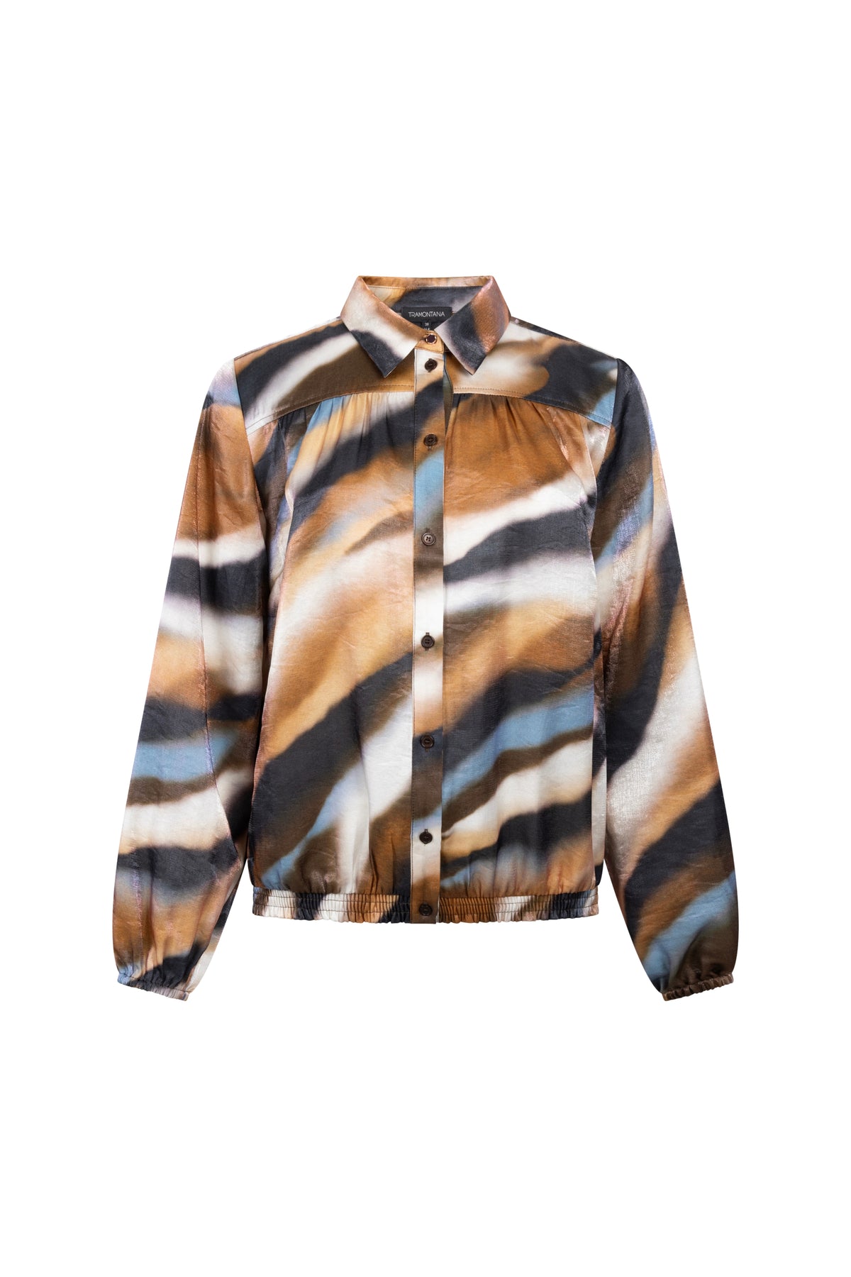Tramontana Moody Blue blouse met cascade print en multikleuren, getoond op een model.